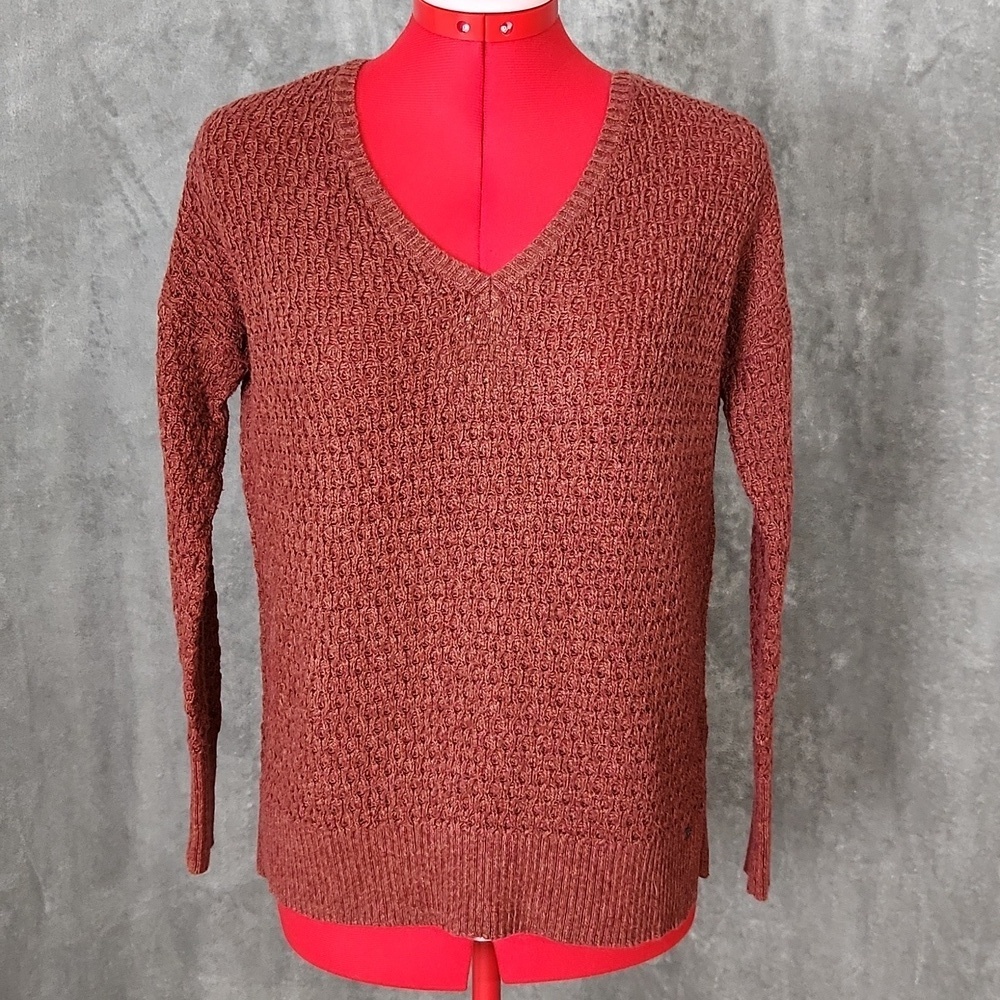 American Eagle Rust Textured Knit V-Neck Sweater XS Long Sleeve Cozy